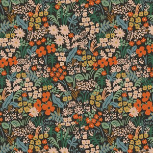 This gorgeous canvas is covered in flowers with some gold accents. Black background and natural canvas on wrong side. Super soft hand and sturdy weight.  100% Cotton, 44/5"