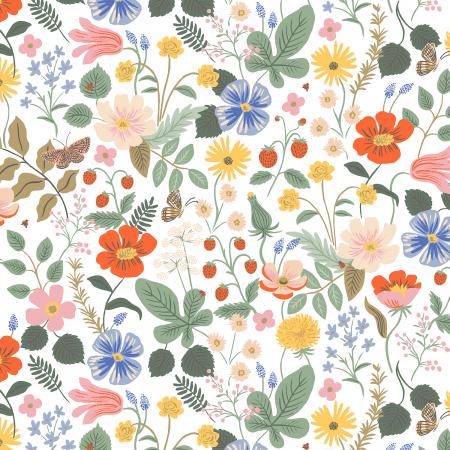 Multi color floral and strawberries on an ivory background. 100% rayon fabric.  44/5"