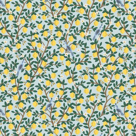 Camont Lemond Grove fabric covered in lemons and birds with gold accents. Beautiful quilting cotton - 100% Cotton, 44/5"