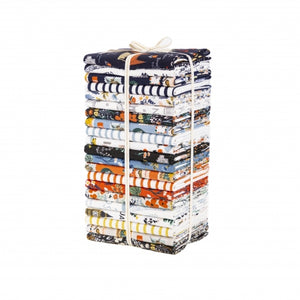 Bon Voyage fat quarter bundle featuring different bright patterns like stripes, florals, stamps and different worldly prints.