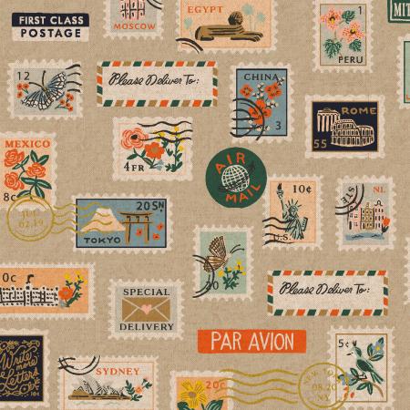 This gorgeous canvas is covered in vintage stamps! Super pretty art and designs for different countries. Great fabric to make bags, pillows, or other little things with. Super soft hand and sturdy weight.  100% Cotton, 44/5"