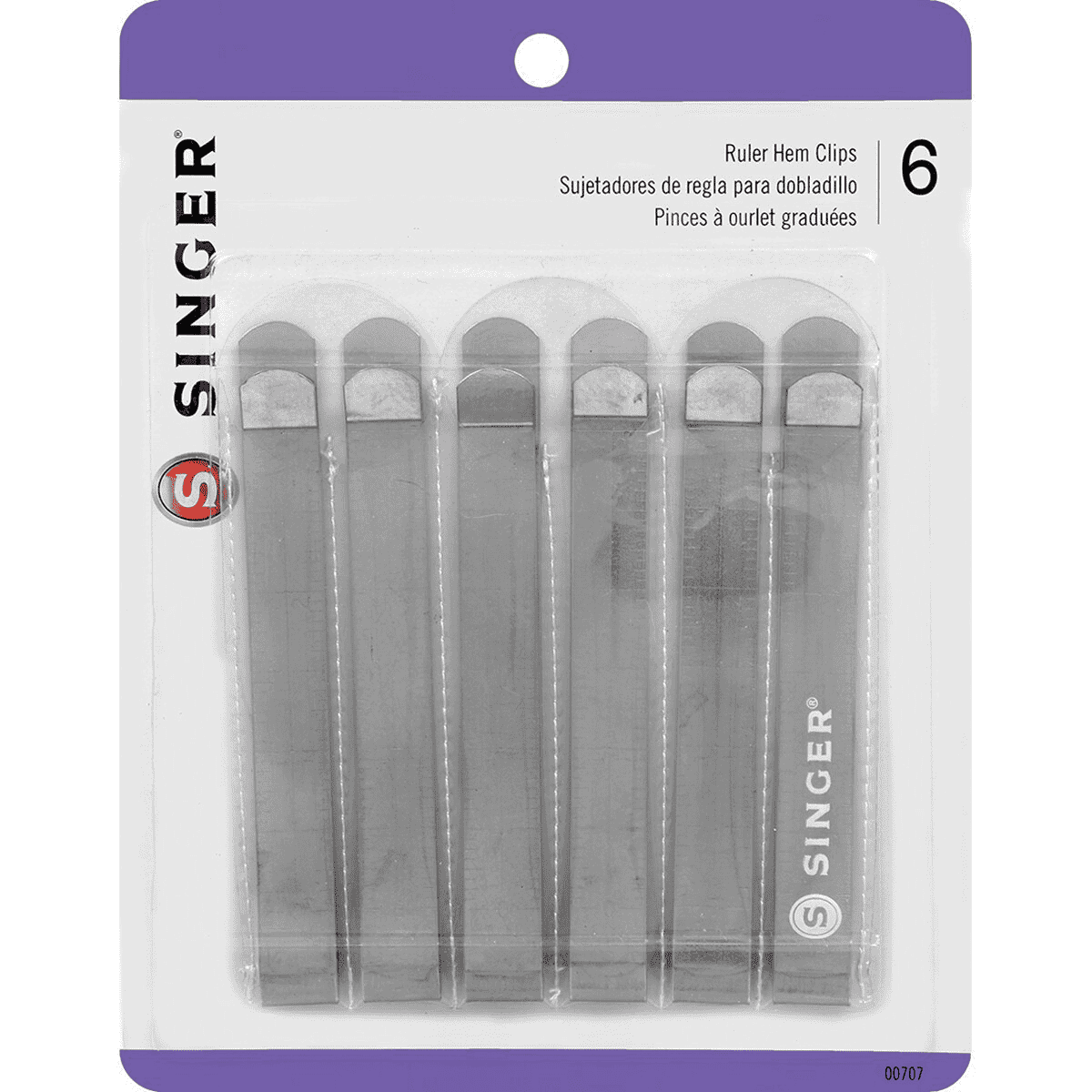 This set of 6 SINGER Ruler Hem Clips are designed to open like a bobby pin and clasp fabric together while basting, pressing seams and applying hem tape.