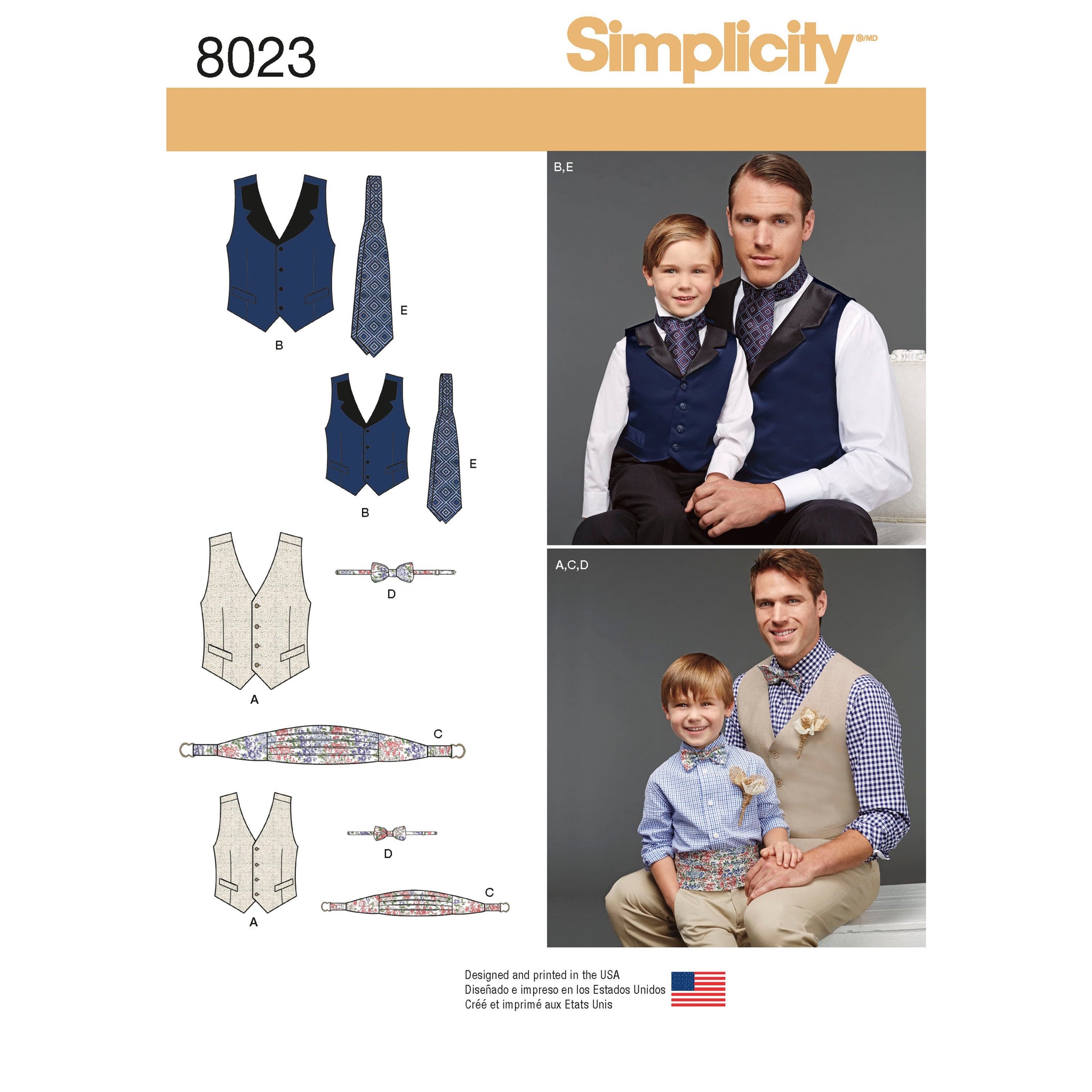 Boy's and Men's, Lined Vests, Bow Tie, Cummerbund and Ascot, Father and Son, Sewing Pattern by Simplicity 8023  Boy's and men's special occasion accessories include lined vest with or without contrast lapels, cummerbund, bow-tie with back closure, and ascot.  Fabric Suggestions: Batiks, Brocade, Chambray, Cotton Types, Damask, Denim, Gingham, Linen Types, Poplin, Sateen, Satin. Extra fabric needed to match plaids, stripes or one-way design fabrics. 