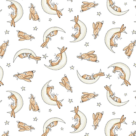 Guess How Much I Love You, Storybook fabric. This precious fabric is covered in sleepy bunnies on the moon. 100% Cotton, 44/5"  ALL FABRICS ARE PRICED BY THE HALF YARD.  PLEASE ORDER IN QUANTITIES OF 1/2 YARD.  WE WILL CUT IN ONE PIECE.