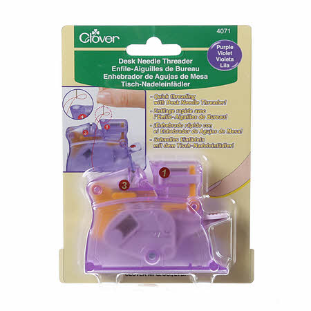 Clover Desk Needle Threader can be used to thread thick and fine needles. Insert the thread in the groove, set in the needle, eye part down and press the lever. Pull out the threaded needle and cut the thread. What could be easier.