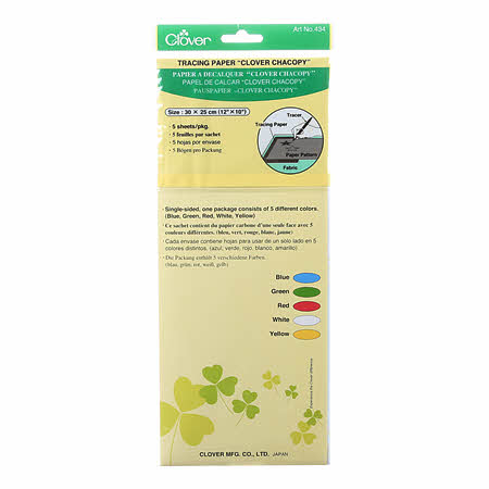 5 sheets. Tracing paper. Single-sided. Includes 5 colors: blue, green, red, white and yellow. Very convenient for tracing patterns on most fabrics, Applies to any fabrics with different colors. Washes out with water. 12in x 10in