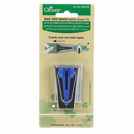 With Clover Bias Tape Makers you can make great looking bias tapes that come out very uniform in size! Perfect for quilting, binding and more. Create your own bias tape in minutes with whatever fabric looks best for your project. The package back has a tape strip width scale for both thin and regular fabric. 1 inch (25 mm).