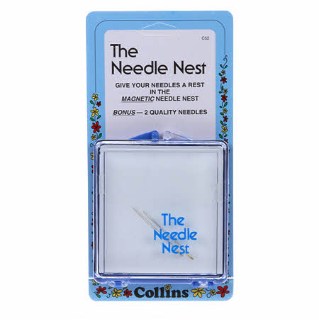 All of Collins Organizers will make your sewing space tidier and easier to access. The Needle Nest Magnetic- The clear plastic case has a magnetic base that holds your needles in place giving you access to your needles at a glance, and can easily fit in a purse for travelling. Comes with two bonus needles. The case is approximately 2 5/8"x 3.25". Small enough to fit in your purse or quilting tote.  Assorted colors
