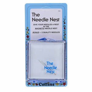 All of Collins Organizers will make your sewing space tidier and easier to access. The Needle Nest Magnetic- The clear plastic case has a magnetic base that holds your needles in place giving you access to your needles at a glance, and can easily fit in a purse for travelling. Comes with two bonus needles. The case is approximately 2 5/8"x 3.25". Small enough to fit in your purse or quilting tote.  Assorted colors