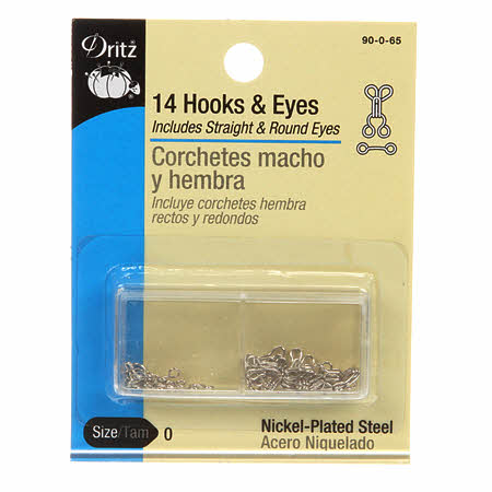 Hook and eye closures hold finished edges together. Straight eyes, use where two edges overlap. Round eyes, use where two edges meet. Contains 14 hooks, 7 straight eyes and 7 round eyes.