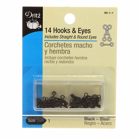 Hook and eye closures hold finished edges together. Straight eyes, use where two edges overlap. Round eyes, use where two edges meet. Contains 14 hooks, 7 straight eyes and 7 round eyes.