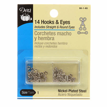 Hook and eye closures hold finished edges together. Straight eyes, use where two edges overlap. Round eyes, use where two edges meet. Contains 14 hooks, 7 straight eyes and 7 round eyes.