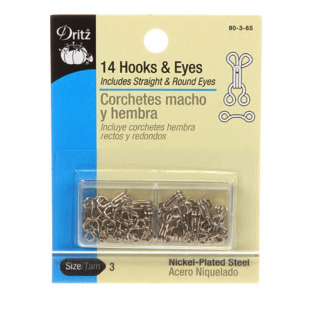 Hook and eye closures hold finished edges together. Straight eyes, use where two edges overlap. Round eyes, use where two edges meet. Contains 14 hooks, 7 straight eyes and 7 round eyes.