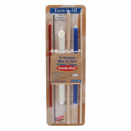 The Turn-it-All sewing tool turns fabric tubes inside out easily and quickly. For anyone who sews this tool is a necessity! Turns: spaghetti straps, scrunchies, doll parts, quilting decorations and much more. 3 tool sizes. Made in the U.S.A.