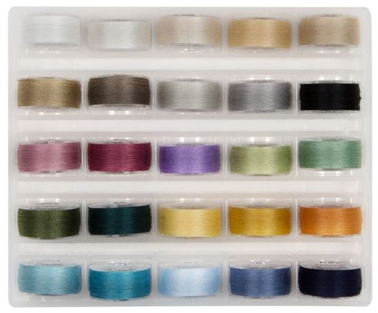 consists of 25 prewound bobbins wound with our strong and low-lint MasterPiece 50 wt. 2-ply Egyptian-grown extra-long staple cotton thread.