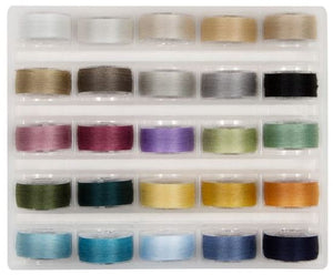 consists of 25 prewound bobbins wound with our strong and low-lint MasterPiece 50 wt. 2-ply Egyptian-grown extra-long staple cotton thread.