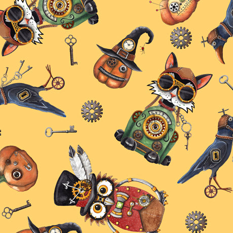 ©Desiree’s Designs delivers another fantastical collection of imaginative characters in a whimsical steampunk world. A large feature panel and border stripe mix and match seamlessly with themed coordinates to create a one of a kind project. These Halloween fabrics are spooktacularly creative!