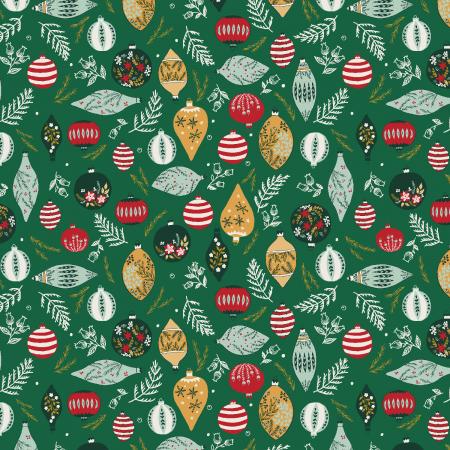 This fabric is covered in fun decorative ornaments with leaves around them over a green background. This fabric would look great with the other holiday fabrics we have! Get creative with this fabric for the Holidays.