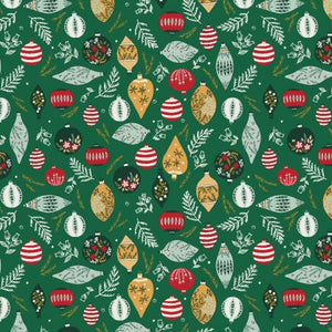 This fabric is covered in fun decorative ornaments with leaves around them over a green background. This fabric would look great with the other holiday fabrics we have! Get creative with this fabric for the Holidays.
