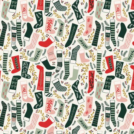 This fabric is covered in fun holiday socks or stockings, you decide! All the socks are adorable and have fun little designs on them. Surrounded by gold leaves. Soft colors make up this fabric with hints of bright red and dark green. Get creative with this fabric for the Holidays.